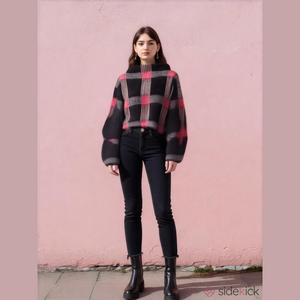Black & Red Plaid Oversized Contemporary Cropped Fuzzy Knit Sweater Small